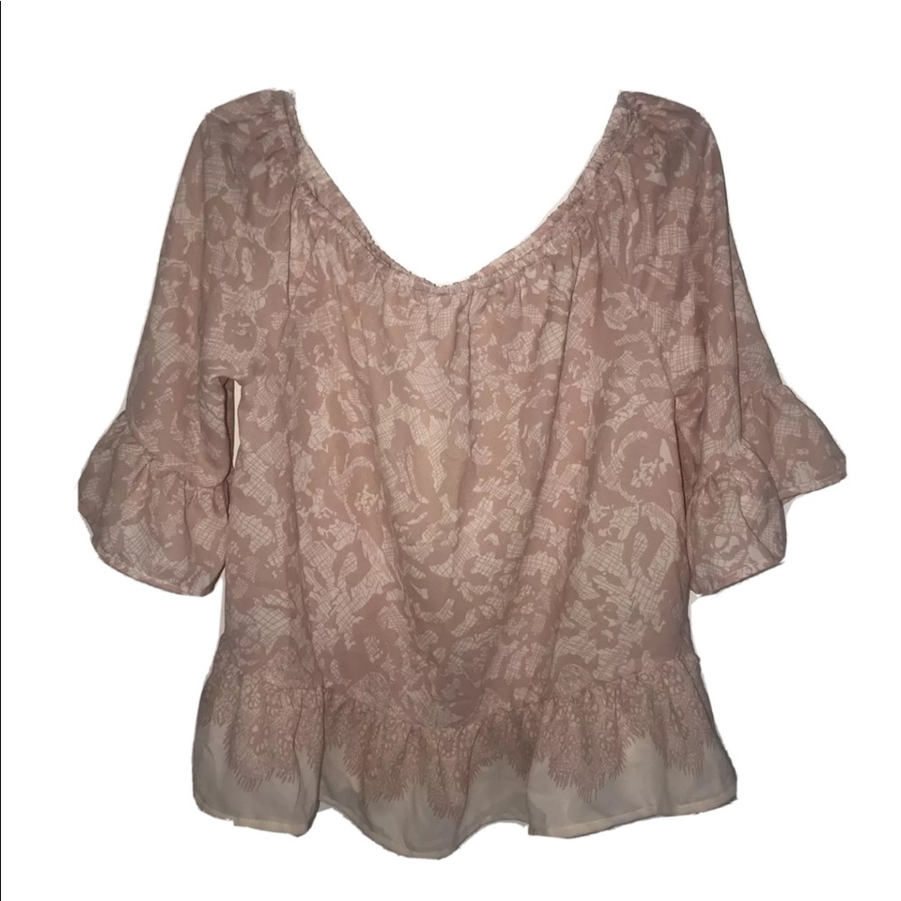 Pink floral lace print ruffle top.